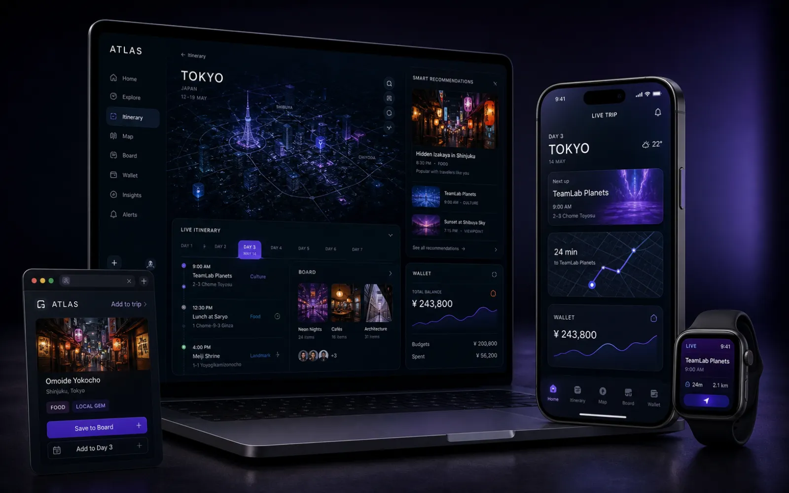 A complex fictional product system across a Mac app, mobile app, browser extension and watch, designed as a KBR Global capability study